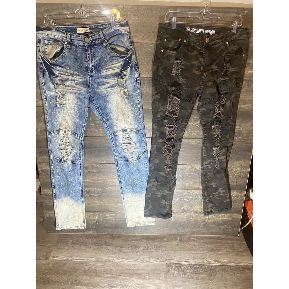 Blind Trust & Arrogant Nation Camo Jeans Mens Size 36  Acid Wash Distressed Zip